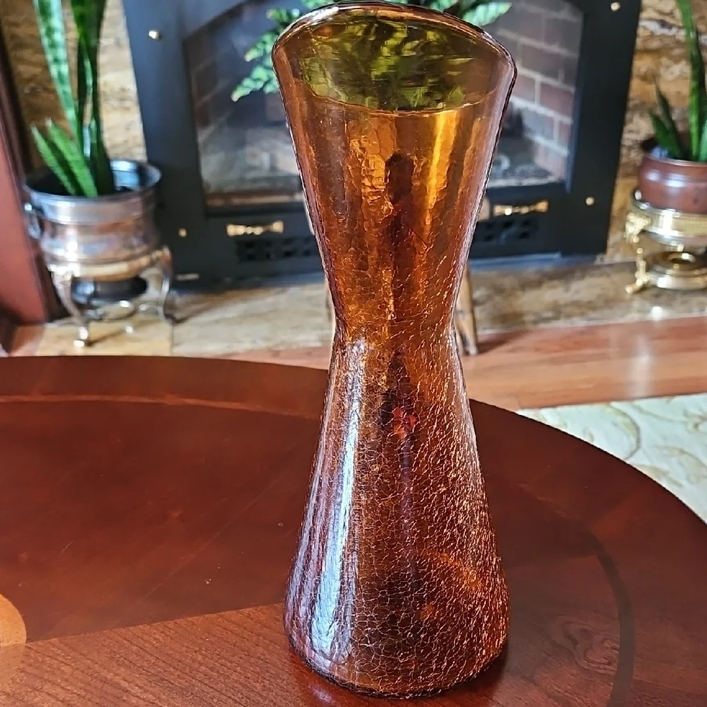 VTG MCM Pilgrim Glass Amber Crackle Glass Handled Pitcher Vase 12